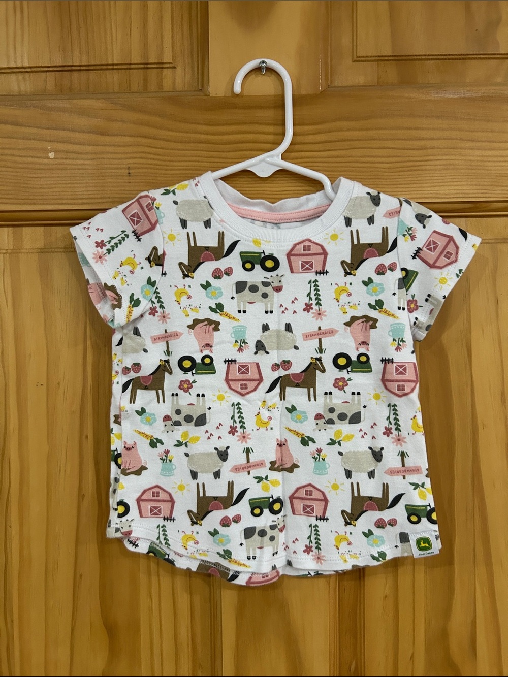 John Deere White Tee with Pink, Green and Yellow Farm Print